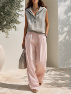 Vacation-style Sleeveless Hooded Sweatshirt And Trousers Set