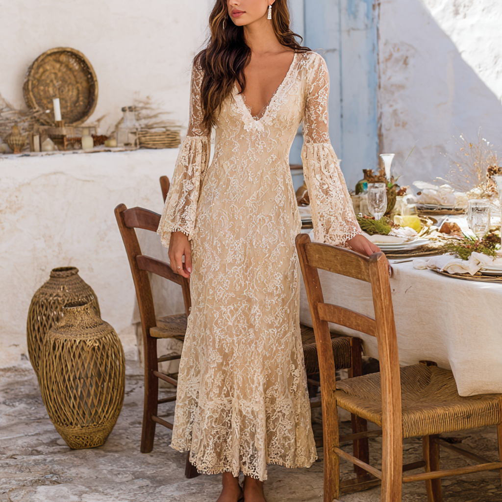 Lace V-Neck Long Sleeve Maxi Dress Elegant Bohemian Style Women's Evening Gown