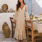 Lace V-Neck Long Sleeve Maxi Dress Elegant Bohemian Style Women's Evening Gown