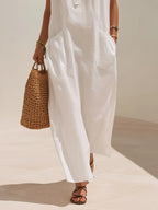 Minimal Resort White Linen Sleeveless Lapel Half Button Maxi Shirt Dress