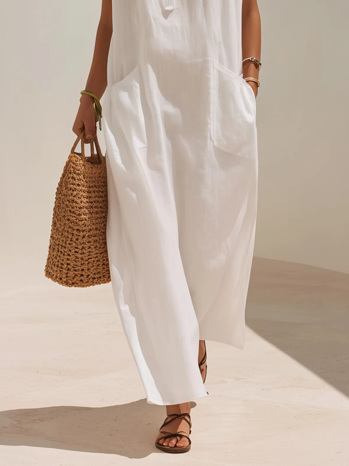 Minimal Resort White Linen Sleeveless Lapel Half Button Maxi Shirt Dress