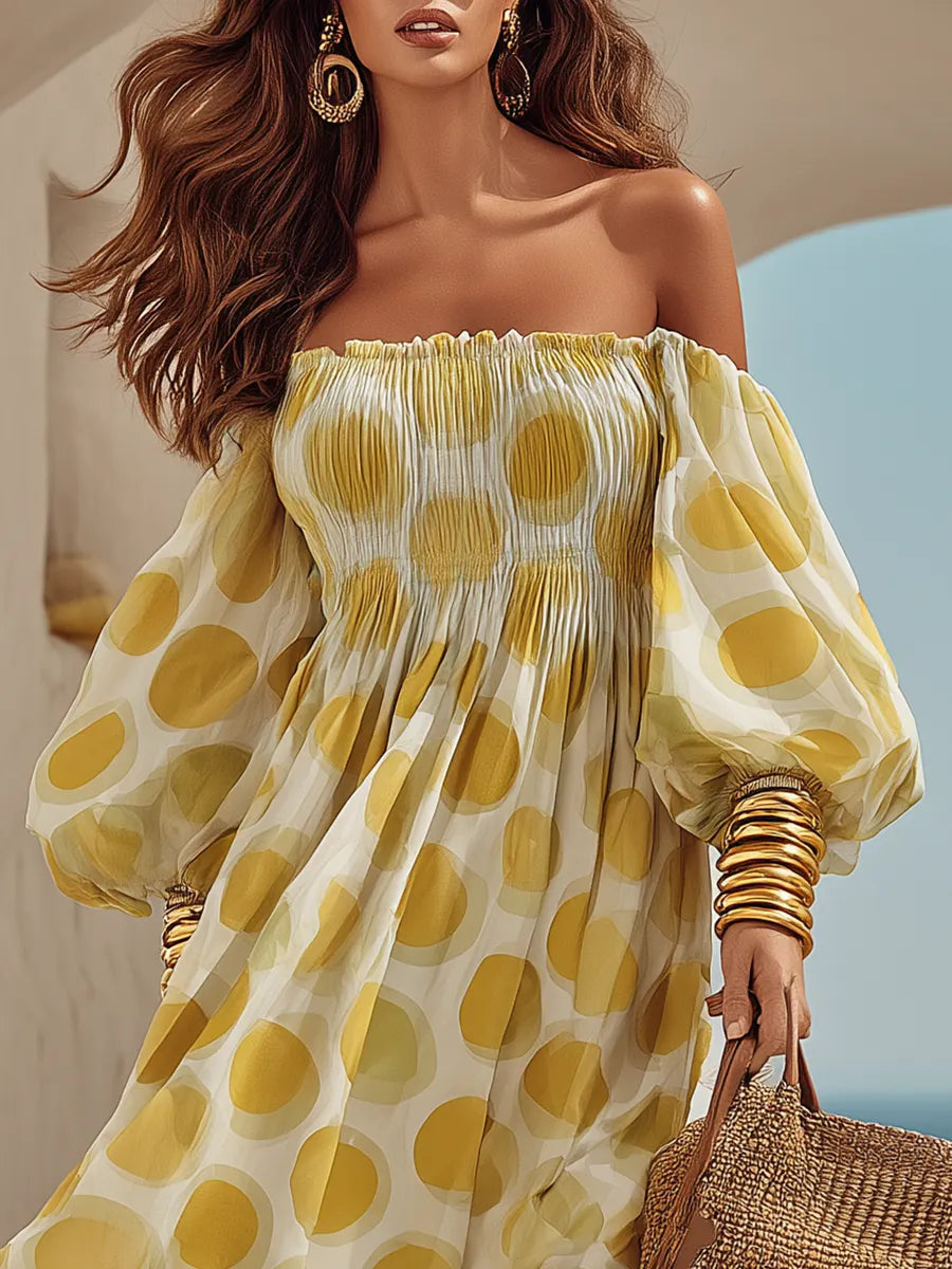 Resort-style Yellow Polka Dot Off-the-shoulder Chiffion Maxi Dress
