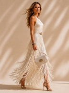 Perfect for Fall Western-Themed Weddings — Cream Fringe Halter Slim Vacation Maxi Dress(No Belt)