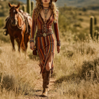 Western Girl Retro Ethnic Style Geometric Striped V-neck Long-sleeved Dress
