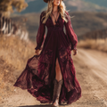 Country Outfits Women's Vintage Burgundy Bohemian Elegance Lace Maxi Dress
