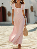 Capri Vibe Light Pink White Contrast Square Neck Short Sleeve Ribbed Knit Maxi Dress