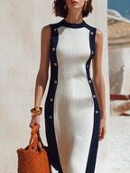 Retro Vacation Decorative Buttons Color-Block Knitted Midi Dress