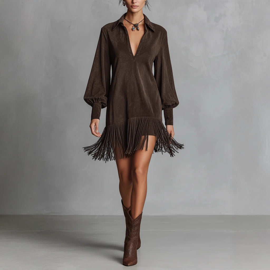 2026 New Arrival Women's Western-Style Faux Suede Fringe Hem Fitted Long-Sleeved V-Neck Dress
