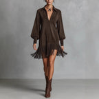 2026 New Arrival Women's Western-Style Faux Suede Fringe Hem Fitted Long-Sleeved V-Neck Dress