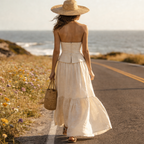 Linen Blend Halter Maxi Dress With Floral Embroidery And Button Front Design