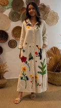 Boho Embroidered Oversized Shirt Dress - Long Sleeve Button Down Maxi Dress with Tropical Bird & Floral Print