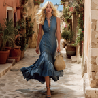 Bohemian Retro Denim Blue Collared Sleeveless Maxi Dress