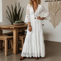Women's Spring/Summer Bohemian-Style White Water-Soluble Lace Maxi Dress — V-Neck, Button Details, And Flared Sleeves