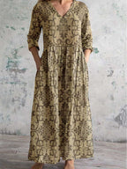 Women's Elegant Simple Floral V-Neck Cotton and Linen Dress with Pockets