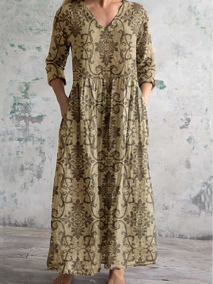 Women's Elegant Simple Floral V-Neck Cotton and Linen Dress with Pockets
