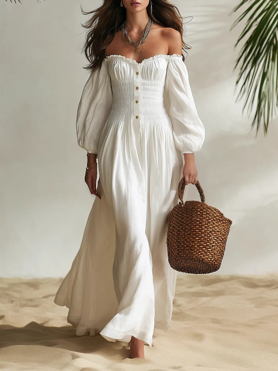 Resort-style Puff-sleeved Off-shoulder Maxi Dress