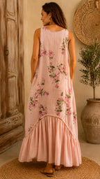 Boho Floral Print Sleeveless Maxi Dress - V-Neck High-Low Ruffle Hem Summer Dress