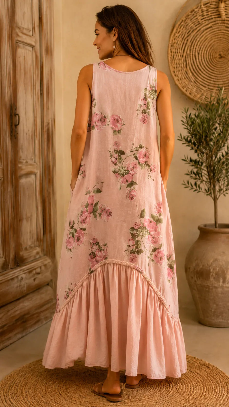 Boho Floral Print Sleeveless Maxi Dress - V-Neck High-Low Ruffle Hem Summer Dress