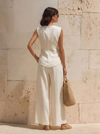 Old Money Sleeveless Top With Twisted Neckline And Wide-Leg Trousers White Cotton-Linen Set