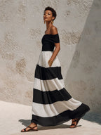 Chic Vacation Off-Shoulder Black And White Striped Chiffon Maxi Dress