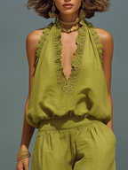 Elegant Vacation Lace-trimmed Halter Top And Wide-leg Pants Set