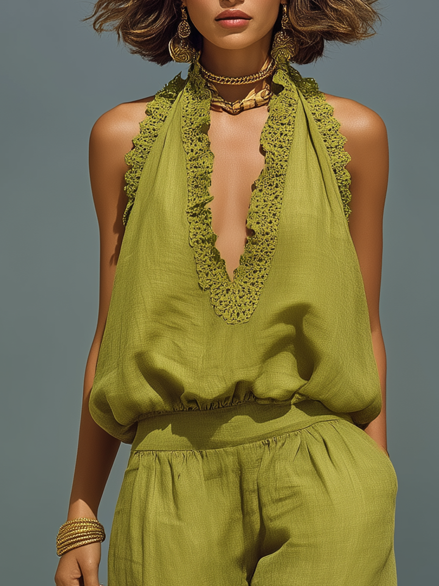 Elegant Vacation Lace-trimmed Halter Top And Wide-leg Pants Set