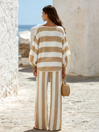 Resort-style Striped Long-sleeve Top With Square Neck And Trousers Set
