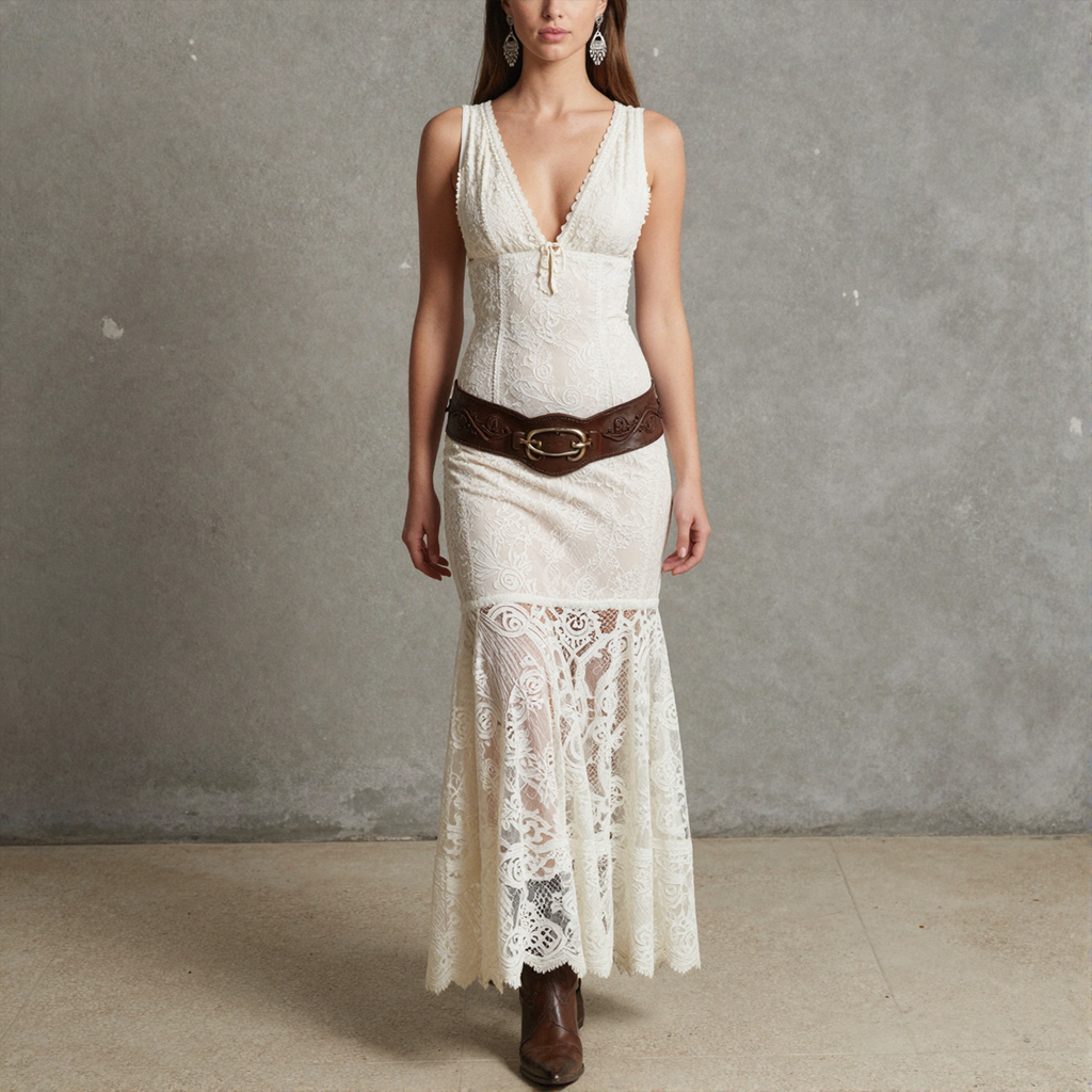 Retro White Lace V-Neck Strapless Maxi Dress Western Cowboy Style