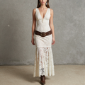 Retro White Lace V-Neck Strapless Maxi Dress Western Cowboy Style