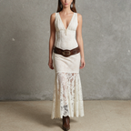 Retro White Lace V-Neck Strapless Maxi Dress Western Cowboy Style