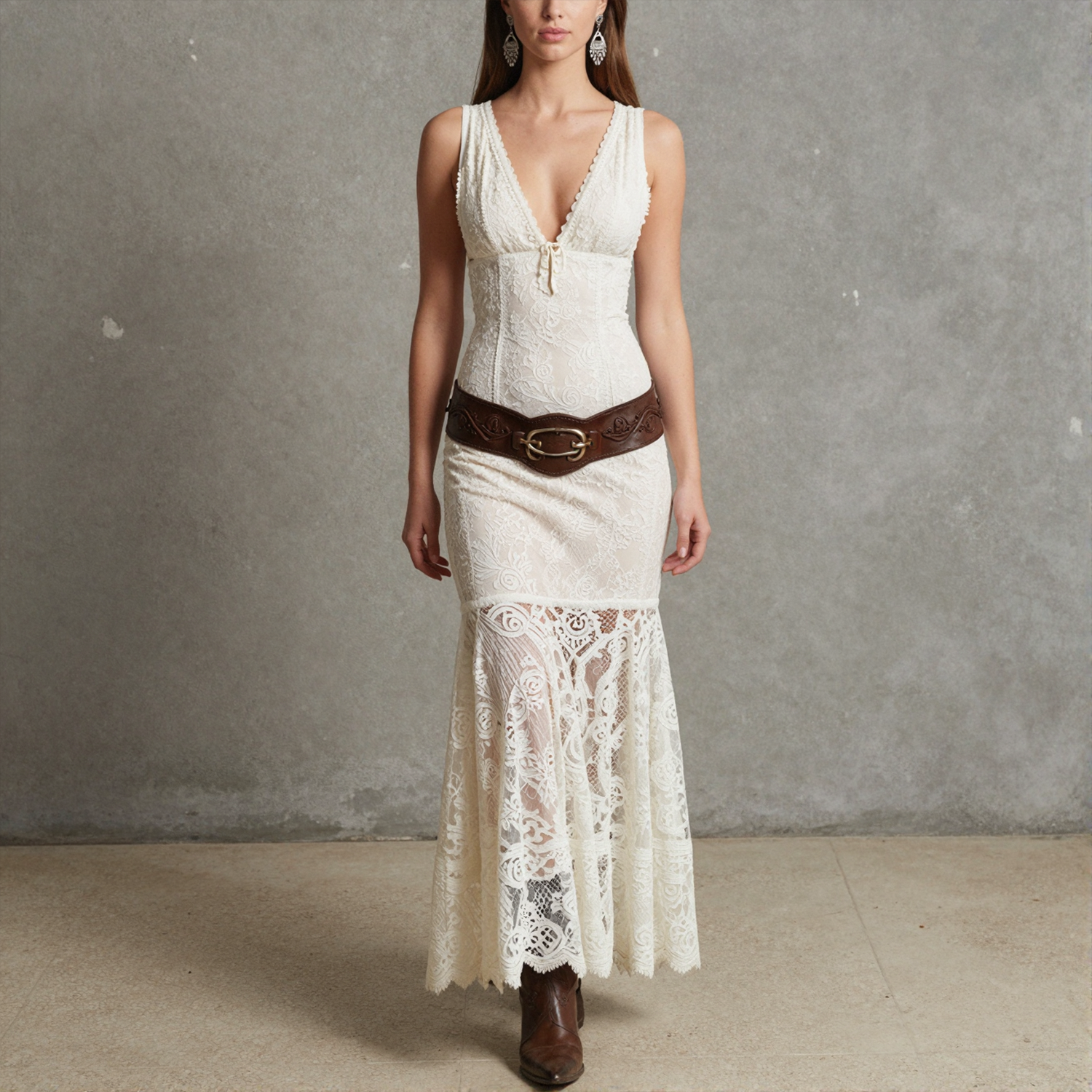 Retro White Lace V-Neck Strapless Maxi Dress Western Cowboy Style