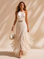 Perfect for Fall Western-Themed Weddings — Cream Fringe Halter Slim Vacation Maxi Dress(No Belt)
