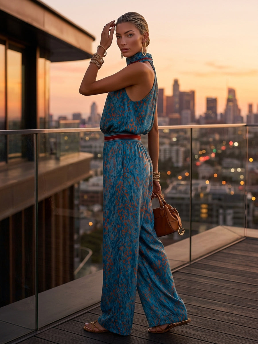Retro-chic Leopard Print Chiffon Top And Wide-leg Pants Set