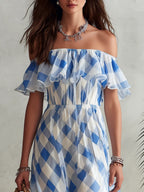 Vacation-style Off-shoulder Ruffled Blue-and-white Checkered Chiffon Maxi Dress