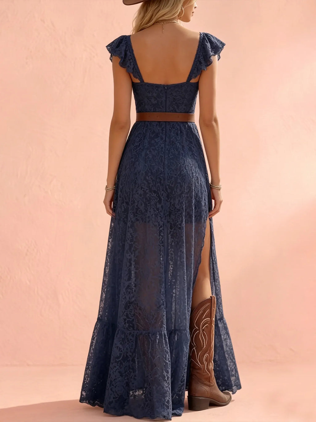 Western Maxi Dress — Midnight Navy All-Over Floral Lace High-Slit Belted Maxi Dress