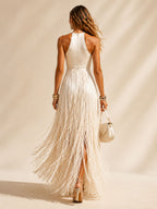 Perfect for Fall Western-Themed Weddings — Cream Fringe Halter Slim Vacation Maxi Dress(No Belt)