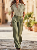 High-quality Casual Striped Short-sleeved Shirt And Cotton-linen Wide-leg Pants Set