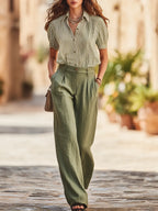 High-quality Casual Striped Short-sleeved Shirt And Cotton-linen Wide-leg Pants Set