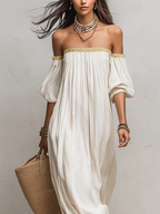Bohemian Style Off-the-shoulder Pleated Ivory Long Dress