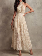 Retro Eelgant Ivory Lace Halter Evening Maxi Dress