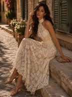 Retro Eelgant Ivory Lace Halter Evening Maxi Dress