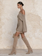 Women’s Beige Off Shoulder Knit Mini Dress – Elegant Long Sleeve Bodycon Sweater Dress