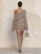 Women’s Beige Off Shoulder Knit Mini Dress – Elegant Long Sleeve Bodycon Sweater Dress