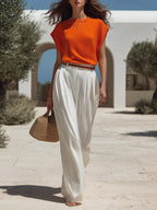 Tropical Beach Bright Orange Cap Sleeve Knit Top & White Satin Pleated Wide Leg Two-piece Set