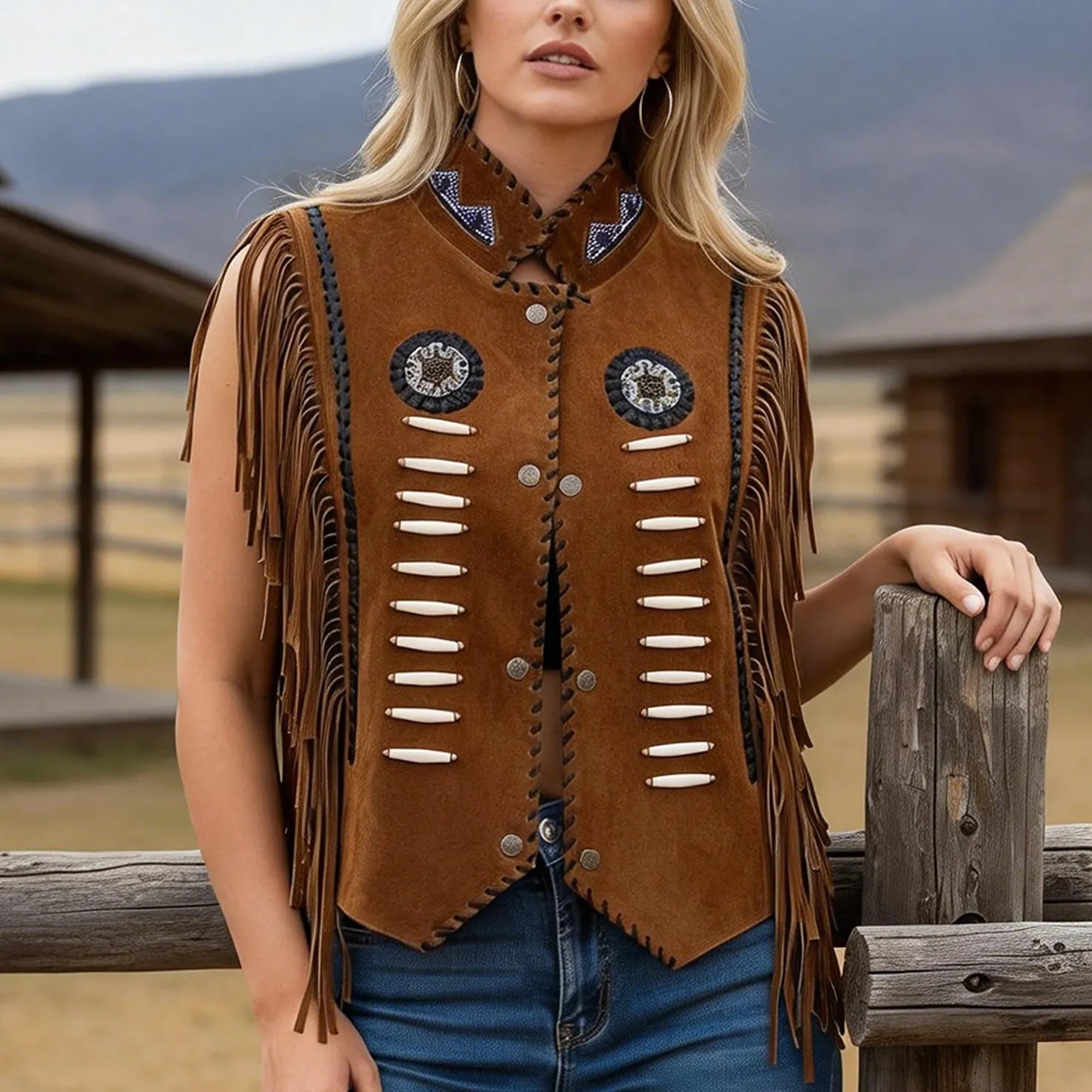 Women's Vintage Western Style Fringed Vest With Embroidered Details