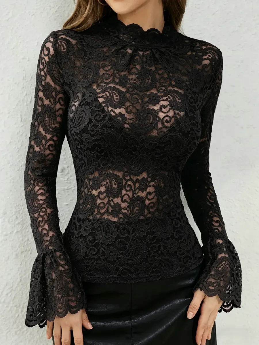 Women's Sexy Lace Trim Bell Sleeve Top