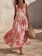 Mediterranean Holiday Light Woven Fabric Pink Tie Dye Square Neck Wide Strap Flared Maxi Dress