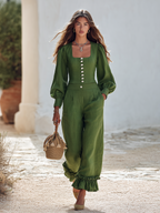 Resort-style Square-neck Long-sleeve Top And Cropped Pants Set