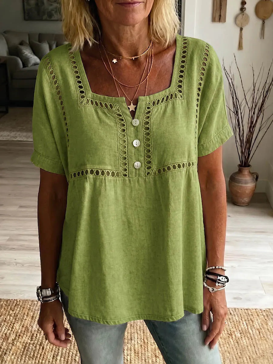 Women's Solid-color Square-neck Short-sleeve Casual Loose Cotton-linen Top