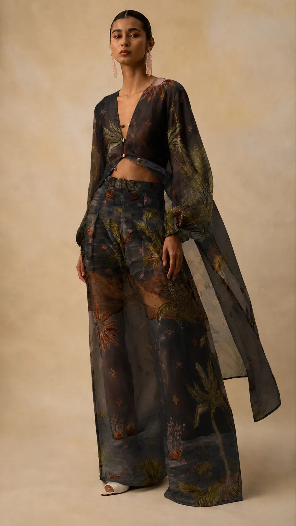 Boho Chic Tropical Print Pants Set - Asymmetric Cape & Wide Leg Pants Co-ord